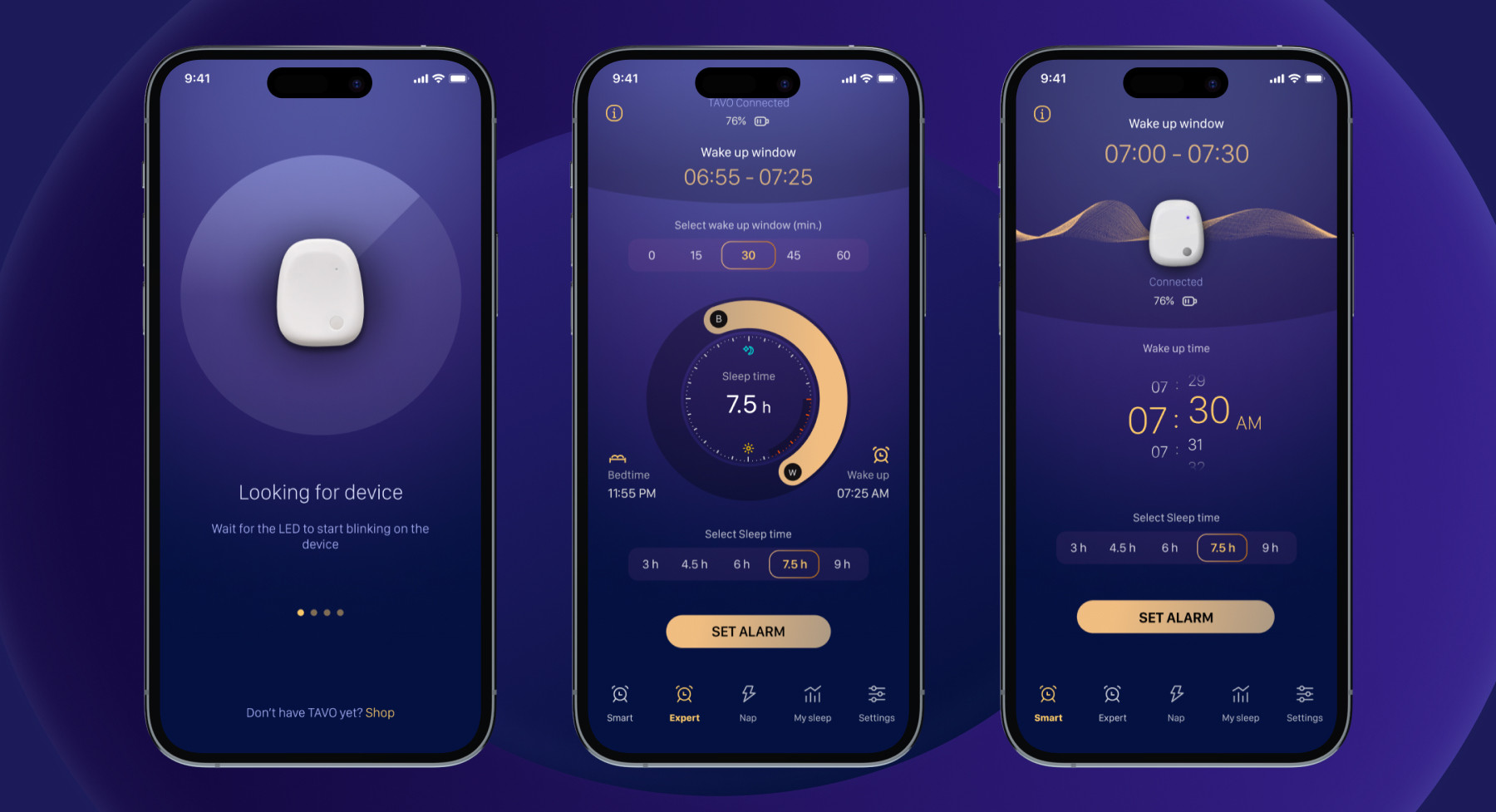 TAVO sleep tracking app — session screen